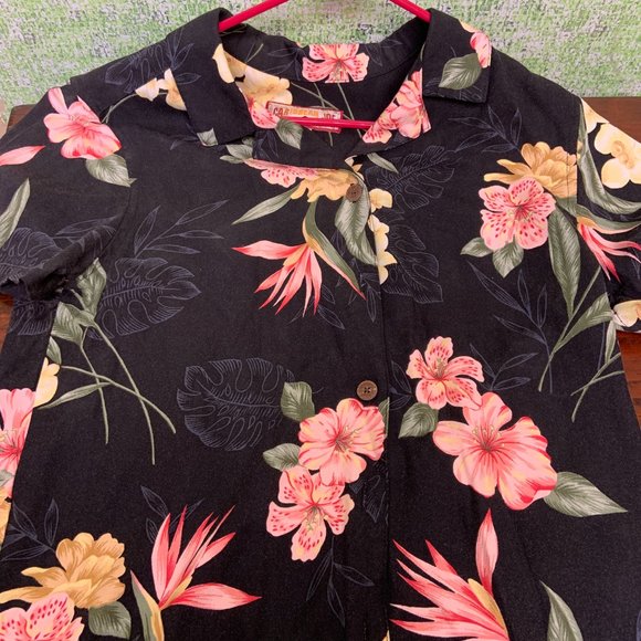 Caribbean Joe Women's Button Down Shirt Black Floral Pattern Medium (M) Vintage - Picture 5 of 8